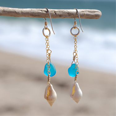 Turquoise Blue Sea Glass and Seashell Dangle Earrings